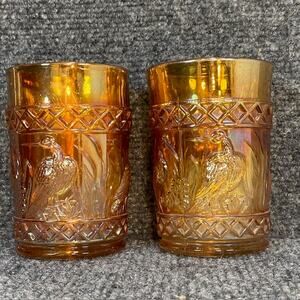 2 Antique Vintage Stork Rushes Lattice Band Marigold Carnival Glass Tumbler Cups
